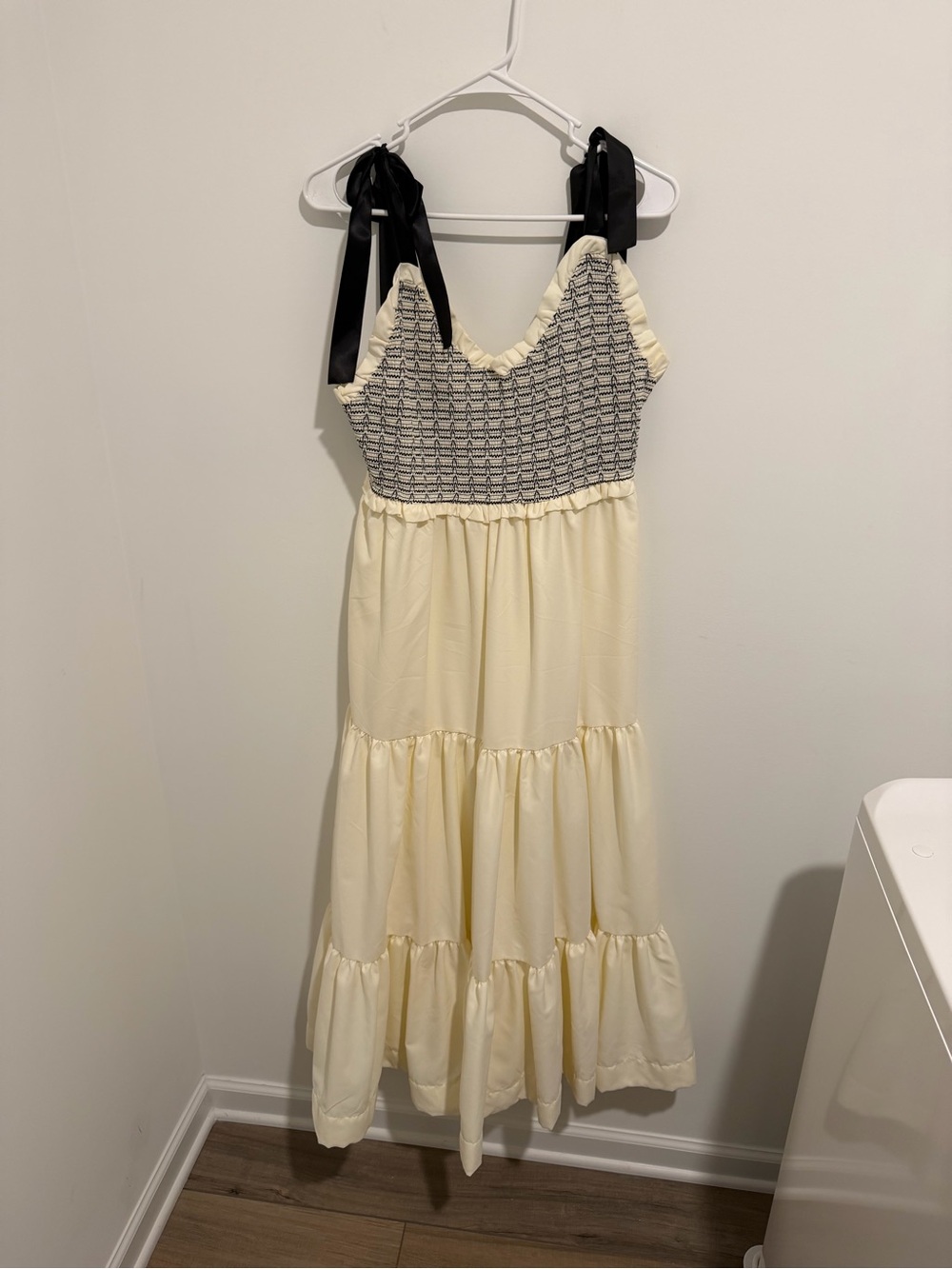Cream Smocked Bodice Maxi with Black Tie Straps - Picture 2 of 4
